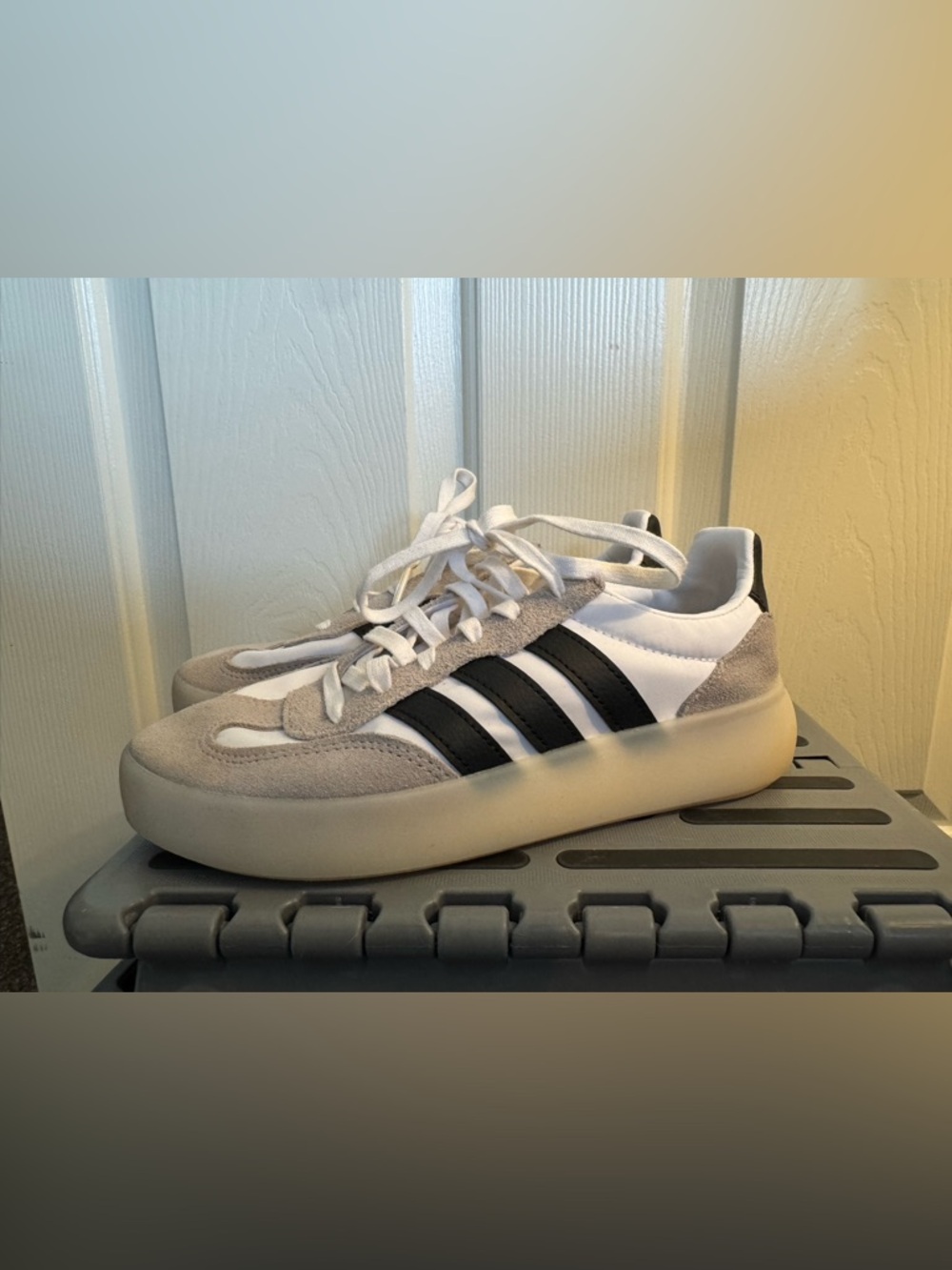 adidas White Sneakers with Black Stripes and Gray Suede Accents